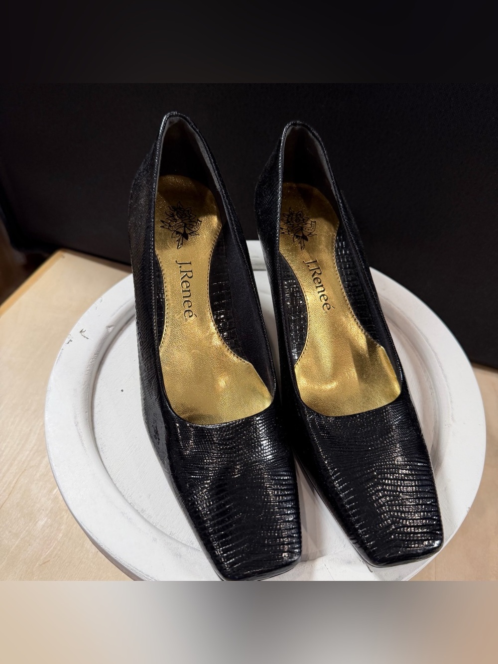 J Renee Black Faux Lizard Print Square Toe Pumps Size 6.5 Excellent Condition